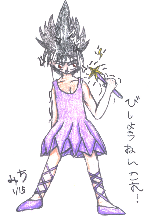 Woot! Hiei in a ballet dress! and he's holding a wand! poor Aohiki though... oh well! he looks pretty!