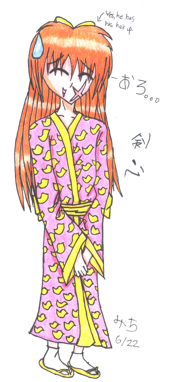 Pretty kenshin! yes, that is kenshin with his hair half down. And he's wearing a duck kimono!!