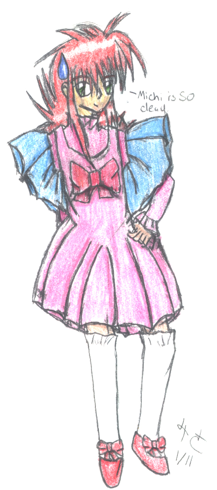 *twitch, twitch* Sorry, Michi.... she loves doing this. this is obviously Kurama.. *twitch* in a dress. *sigh* but she'll do Hiei too! I am not the only victim!
